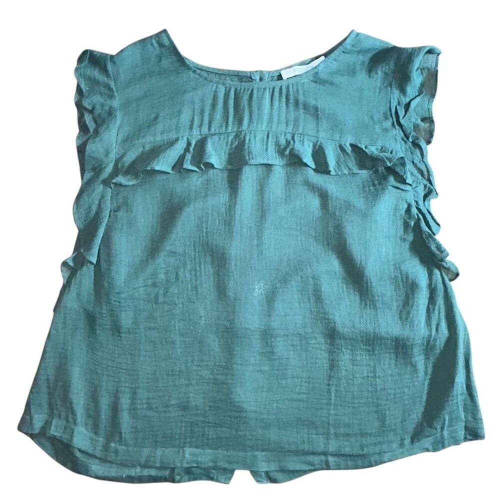 Piperlime Sage Green Ruffled Top Sz L Button Back Blouse Fairy Flutter Sleeves